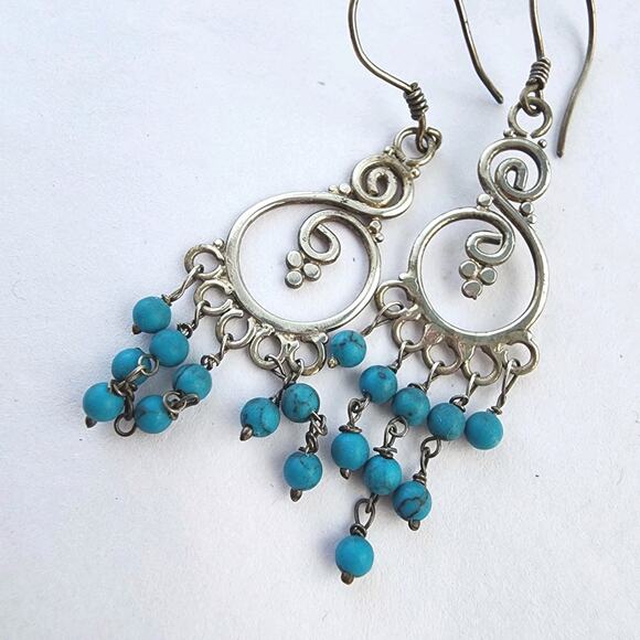 Handmade Sterling Silver Earrings Natural Stone Turquoise Boho Beaded Chandelier - Picture 1 of 4